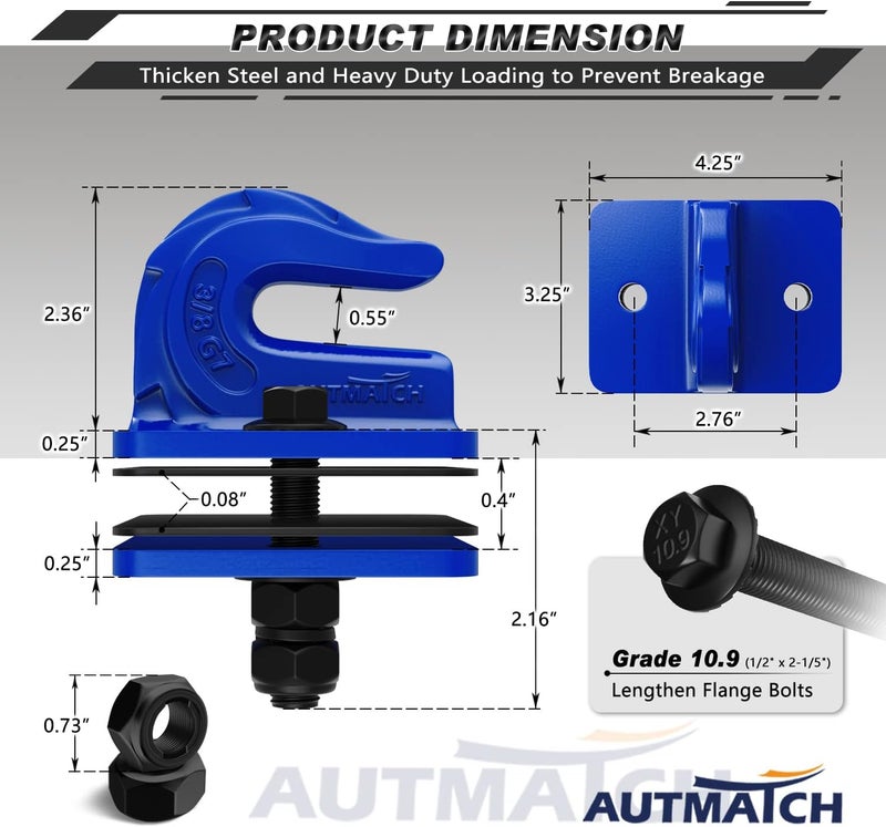 AUTMATCH خطاف دلو الجرار 3/8" (عبوة 2) - خطاف جرار مثبت بالبراغي مع لوحة دعم ووسادات مطاطية، فولاذ مطروق من الدرجة 70 بحد أقصى 18,000 رطل للعمل مع اللودر، دلو الجرار، الشاحنة، أزرق - Image 4
